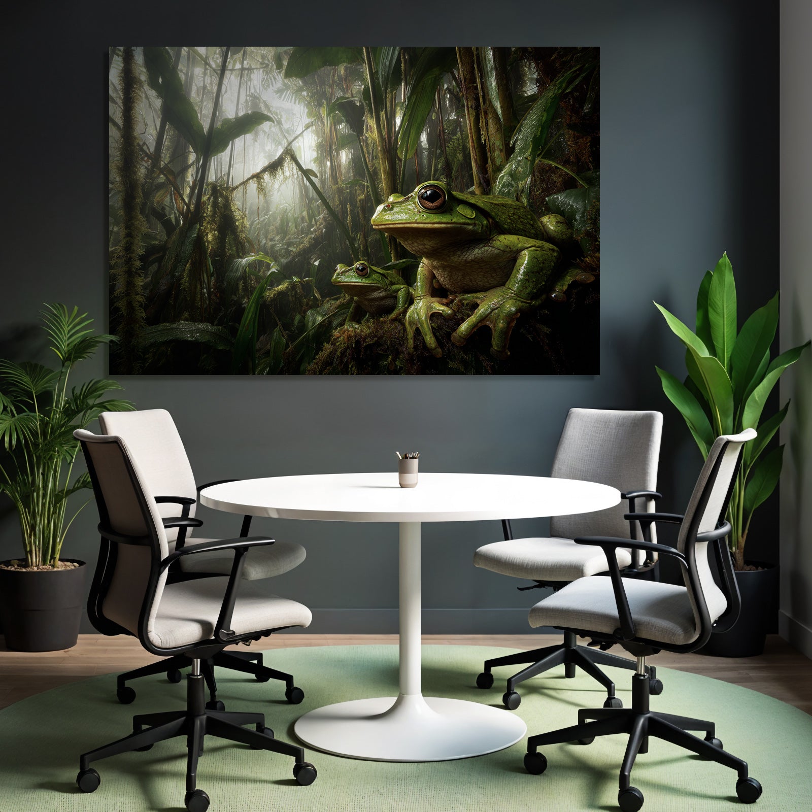 Dichter Nebelwald Mit Zwei Grünen Froschen Und Vibranten Pflanzen