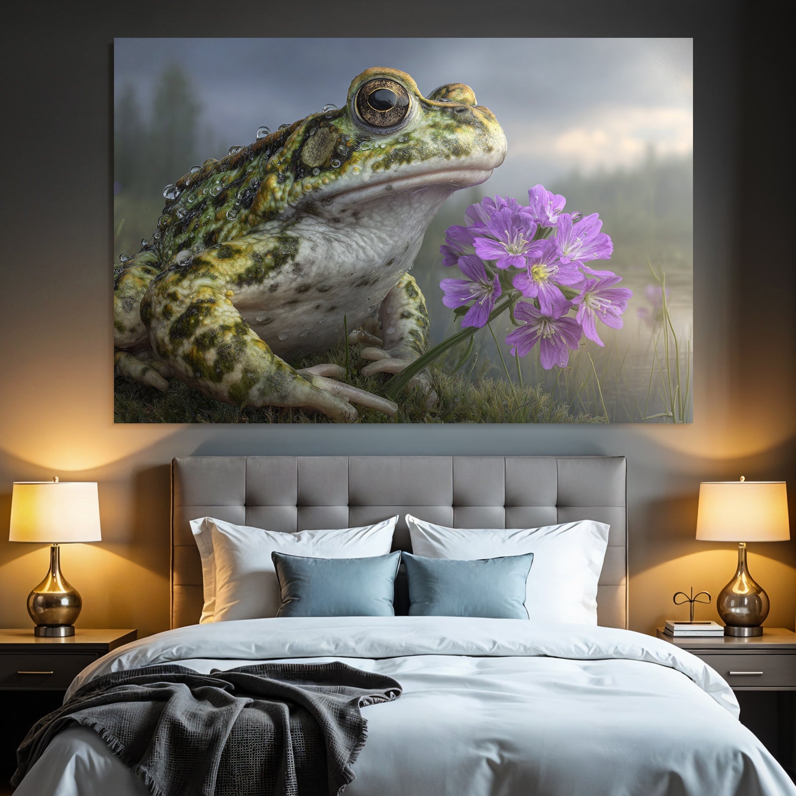 Frosch Naheaufnahme Mit Wassertropfen Und Lila Blumen In Naturszenerie