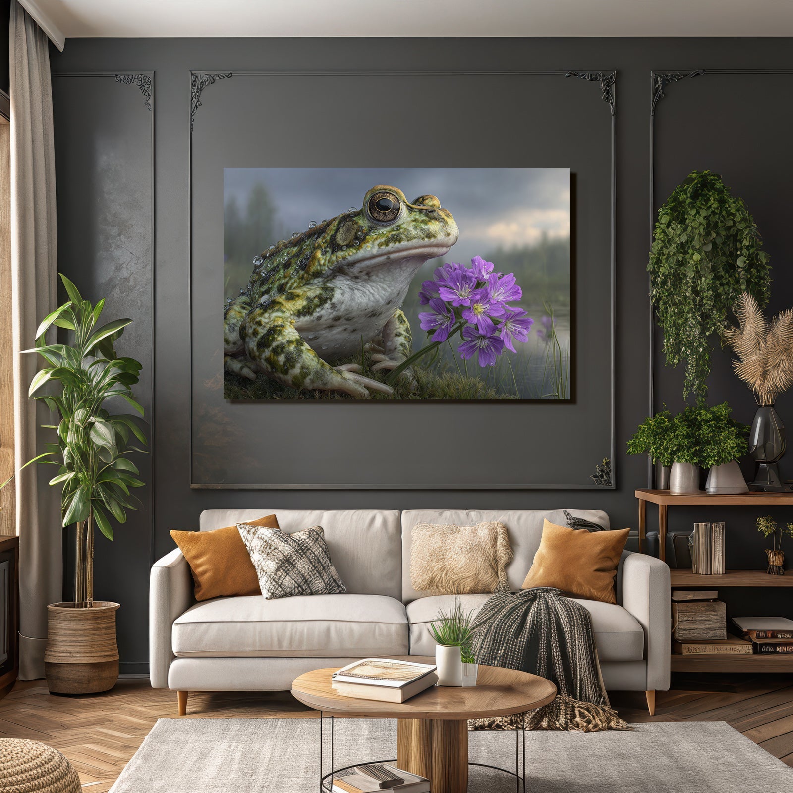 Frosch Naheaufnahme Mit Wassertropfen Und Lila Blumen In Naturszenerie