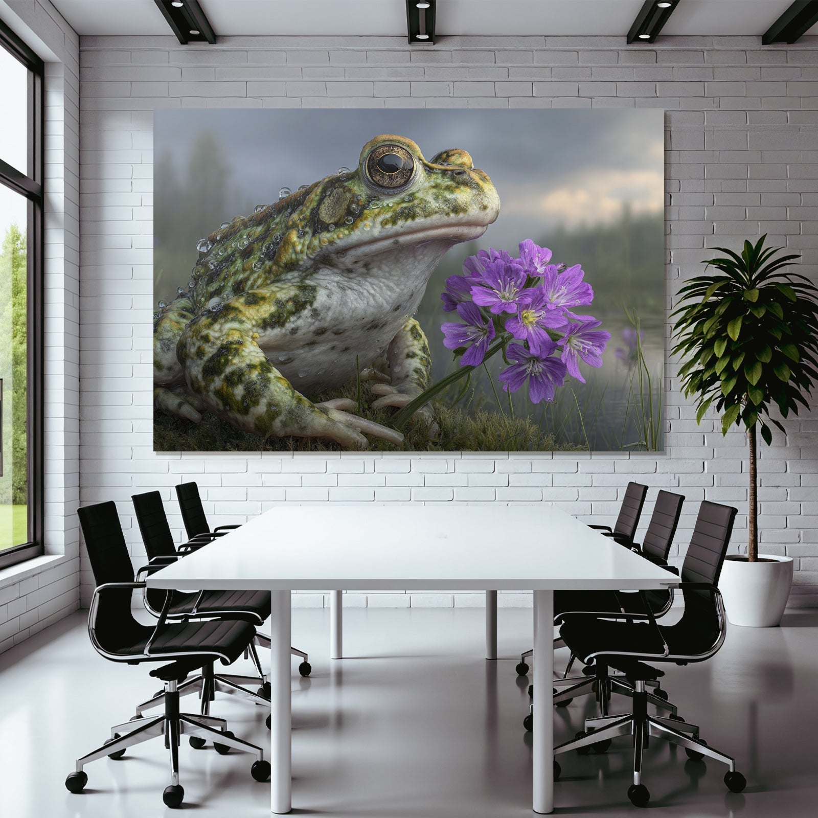 Frosch Naheaufnahme Mit Wassertropfen Und Lila Blumen In Naturszenerie