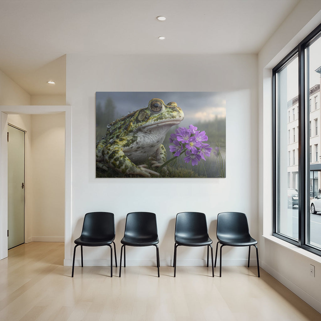 Frosch Naheaufnahme Mit Wassertropfen Und Lila Blumen In Naturszenerie