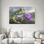 Frosch Naheaufnahme Mit Wassertropfen Und Lila Blumen In Naturszenerie