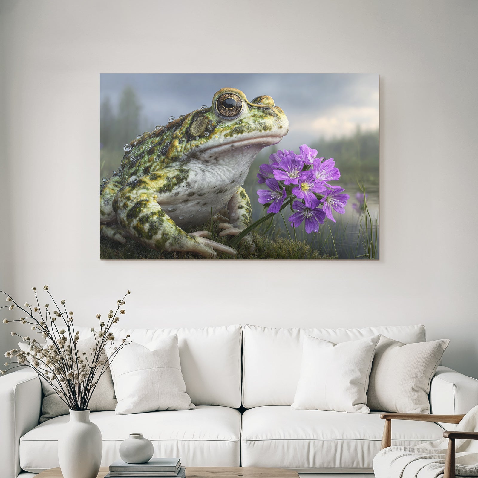 Frosch Naheaufnahme Mit Wassertropfen Und Lila Blumen In Naturszenerie