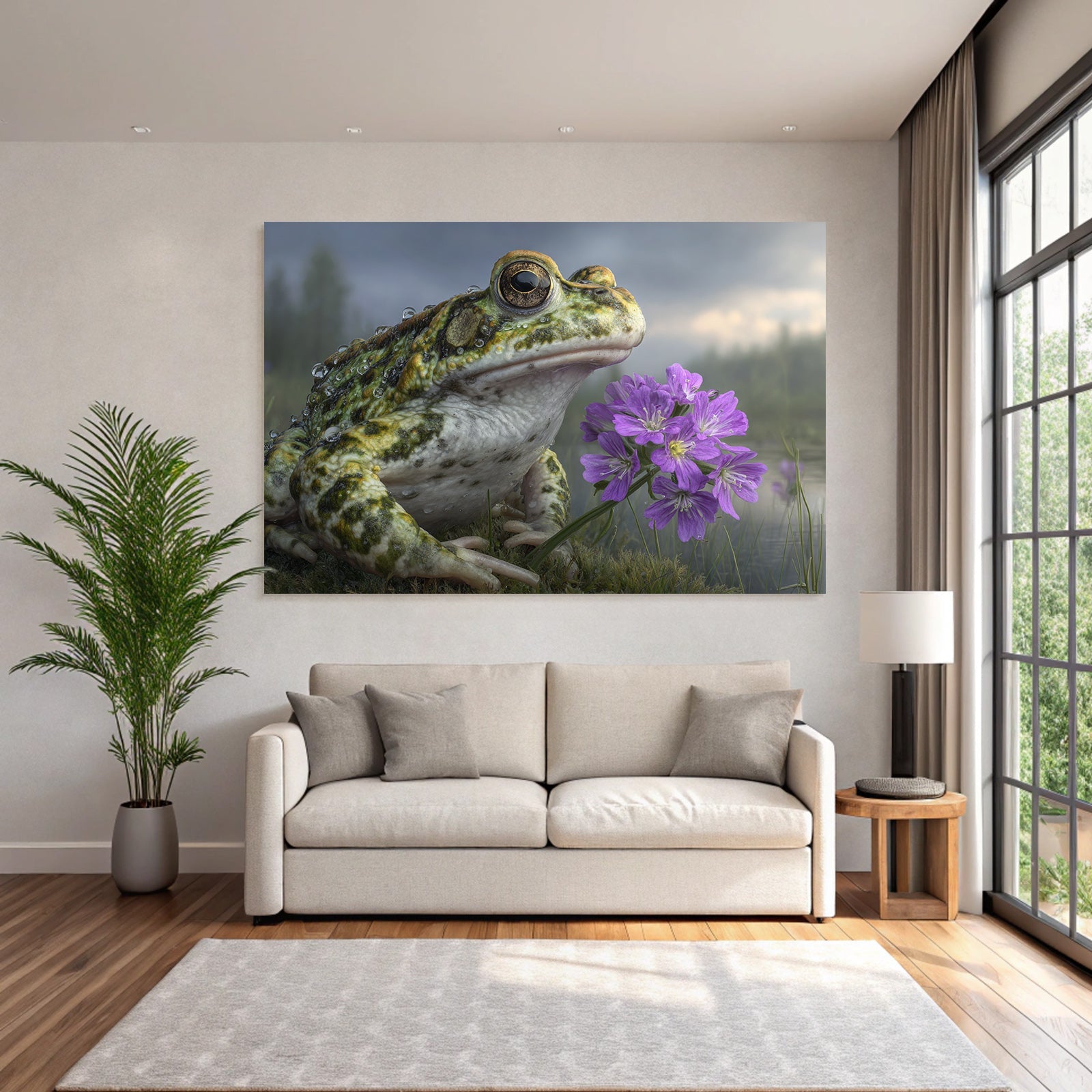 Frosch Naheaufnahme Mit Wassertropfen Und Lila Blumen In Naturszenerie
