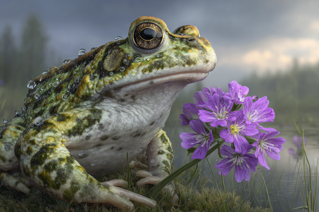 Frosch Naheaufnahme Mit Wassertropfen Und Lila Blumen In Naturszenerie | Insekten und Amphibien | Tiere