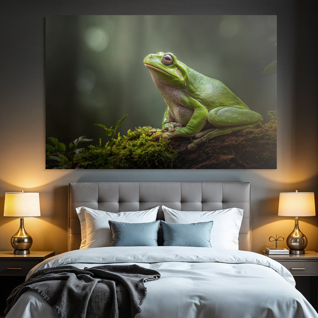 Grün Frosch Sitzt Auf Moosigem Boden Im Wald