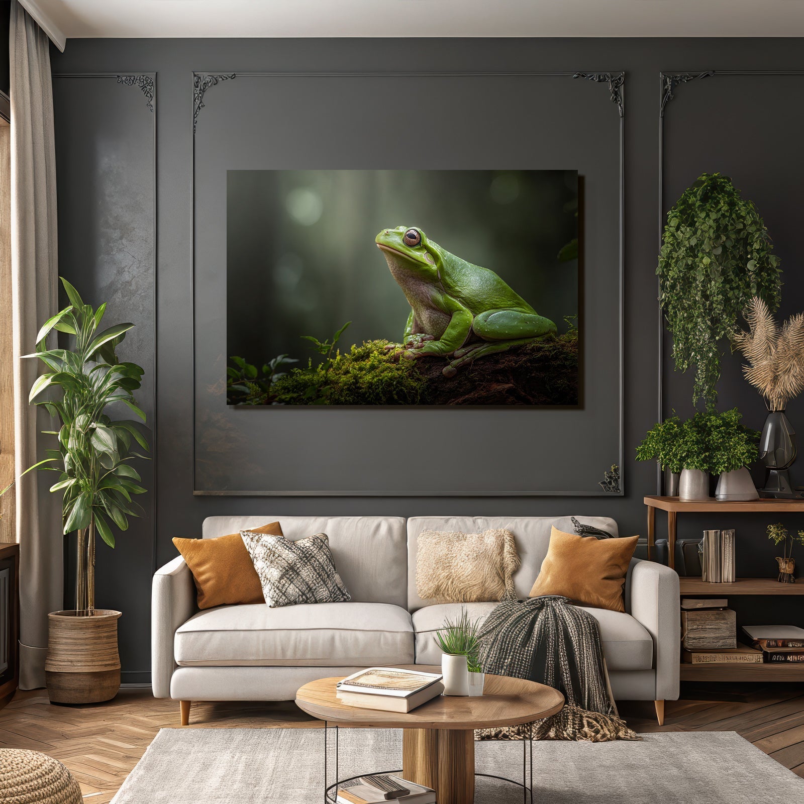 Grün Frosch Sitzt Auf Moosigem Boden Im Wald