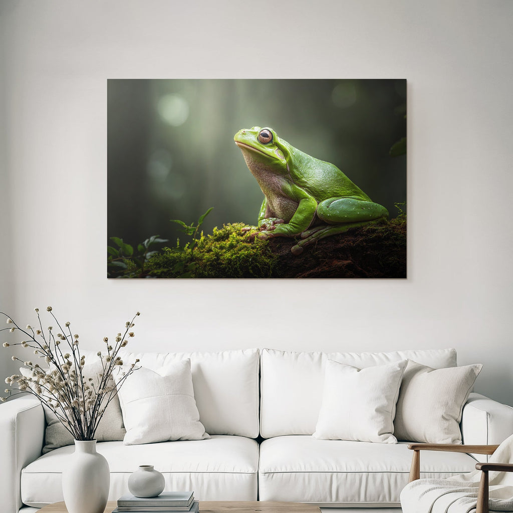 Grün Frosch Sitzt Auf Moosigem Boden Im Wald