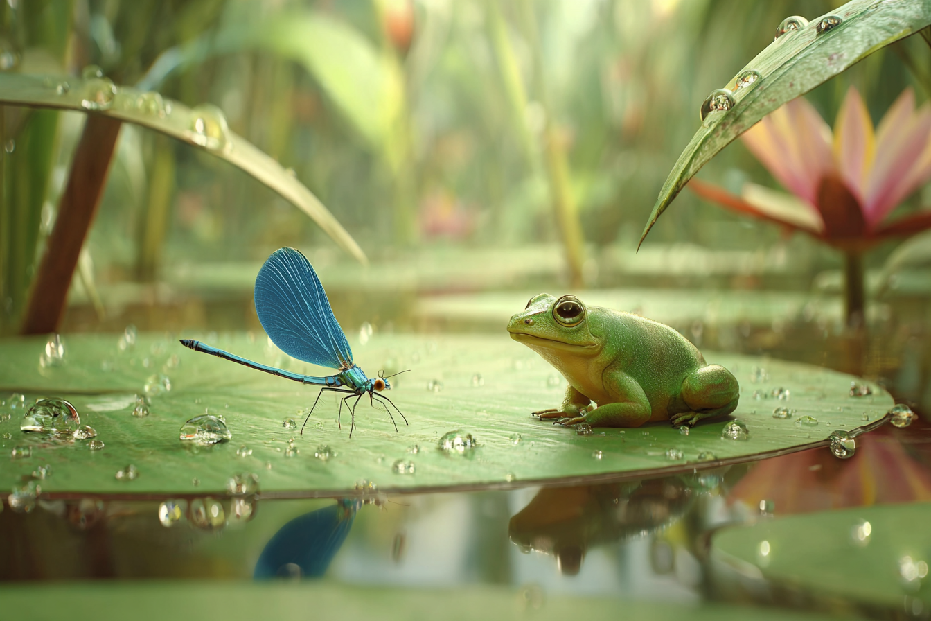 Grüner Frosch Auf Seerosenblatt Mit Blaür Libelle | Insekten und Amphibien | Tiere