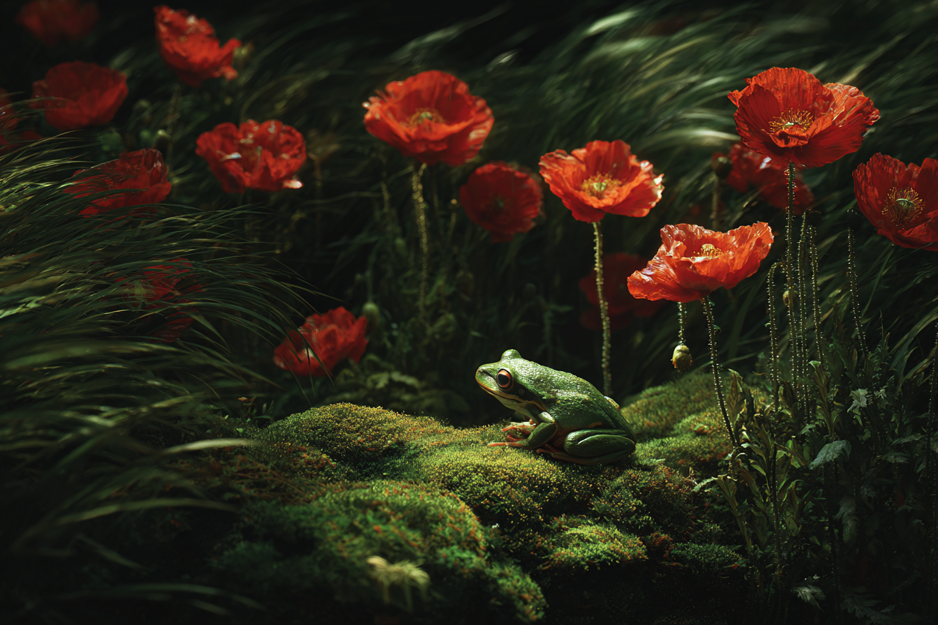 Grüner Frosch Im Moos Umgeben Von Roten Mohnblumen | Insekten und Amphibien | Tiere