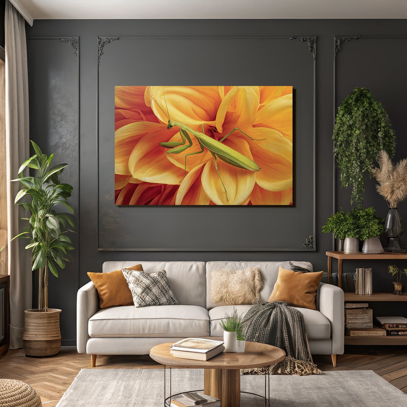 Grune Gottesanbeterin Auf Leuchtender Oranger Blume