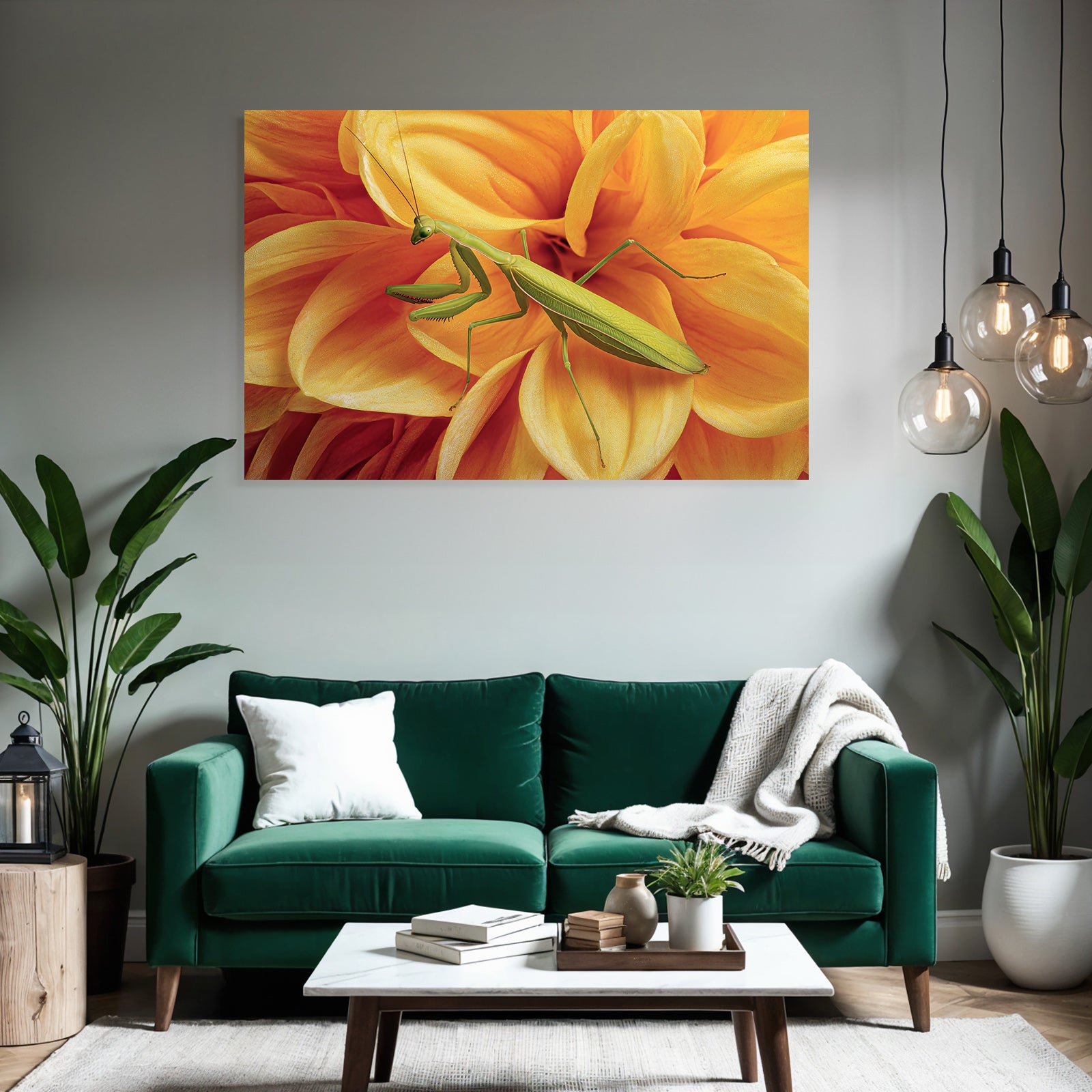 Grune Gottesanbeterin Auf Leuchtender Oranger Blume