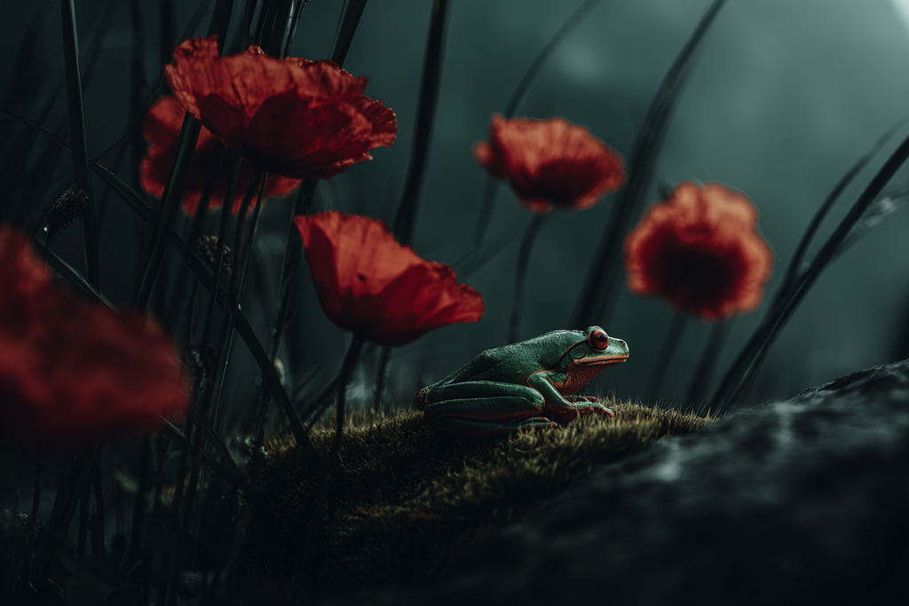 Gruner Frosch Auf Moos Mit Roten Blumen | Insekten und Amphibien | Tiere