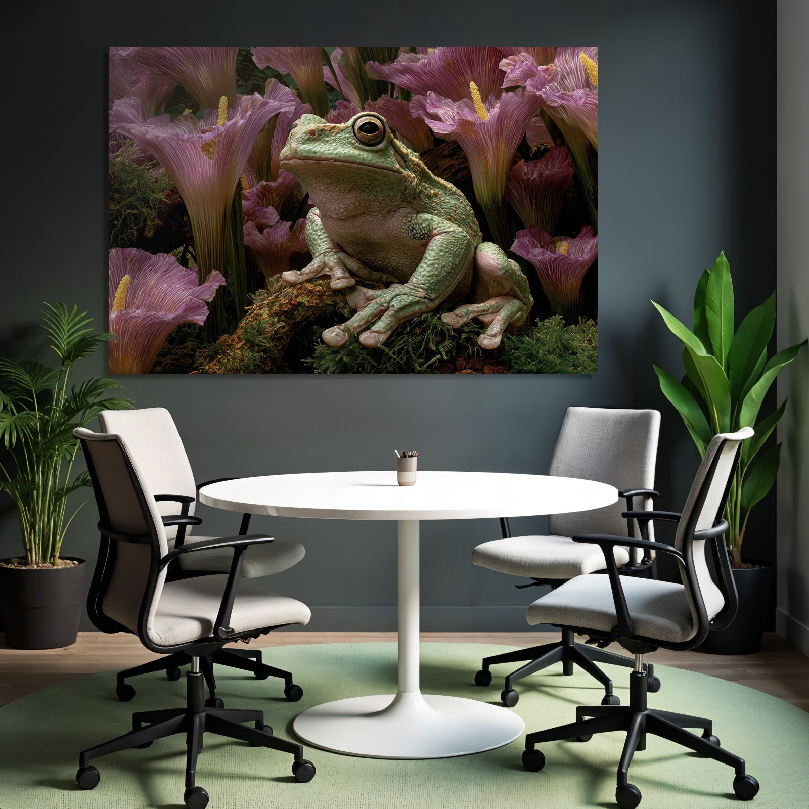 Gruner Frosch Inmitten Grösser Pinker Blumen Und Üppiger Vegetation