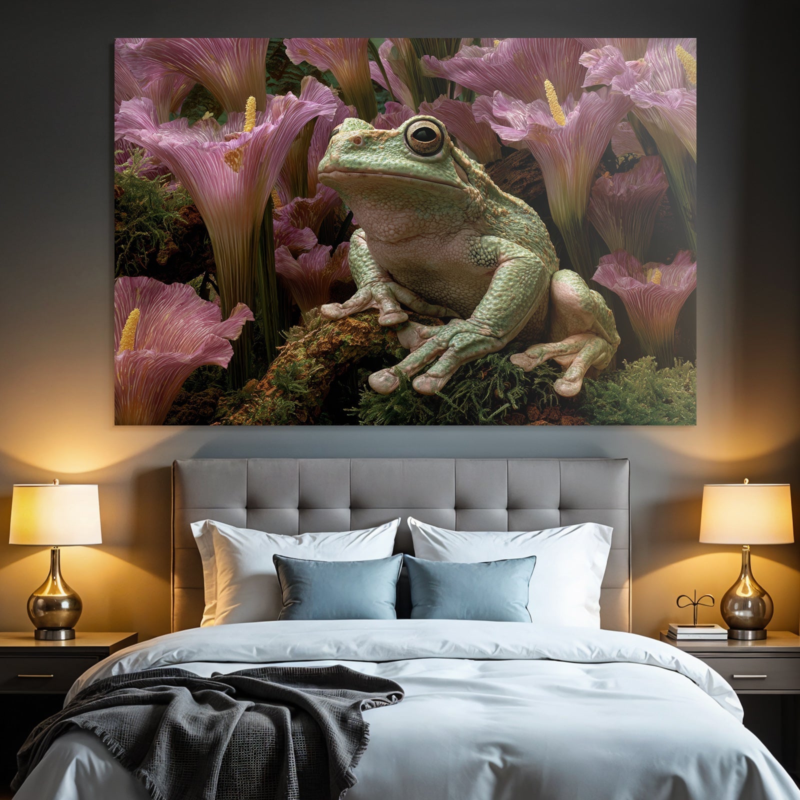 Gruner Frosch Inmitten Grösser Pinker Blumen Und Üppiger Vegetation