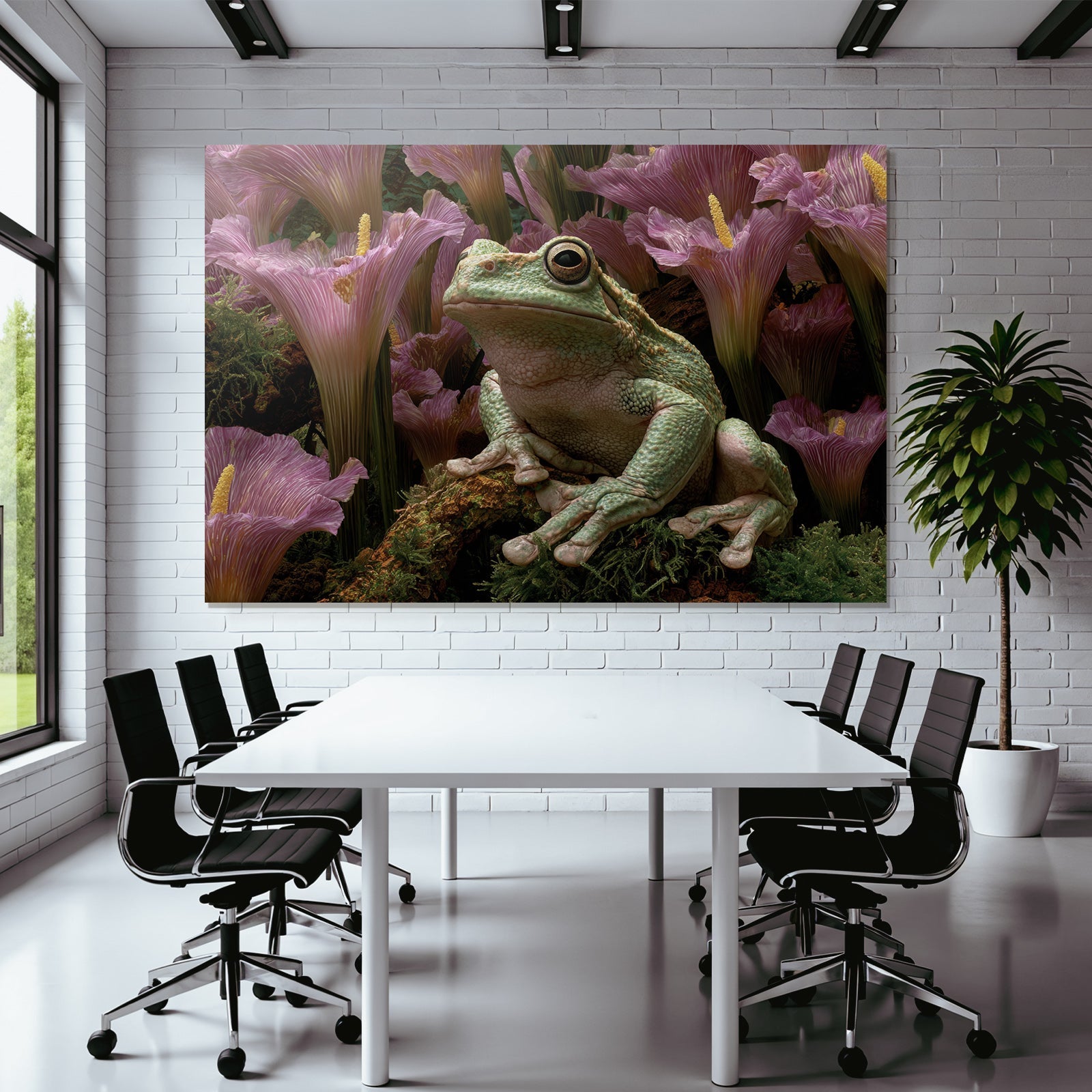 Gruner Frosch Inmitten Grösser Pinker Blumen Und Üppiger Vegetation