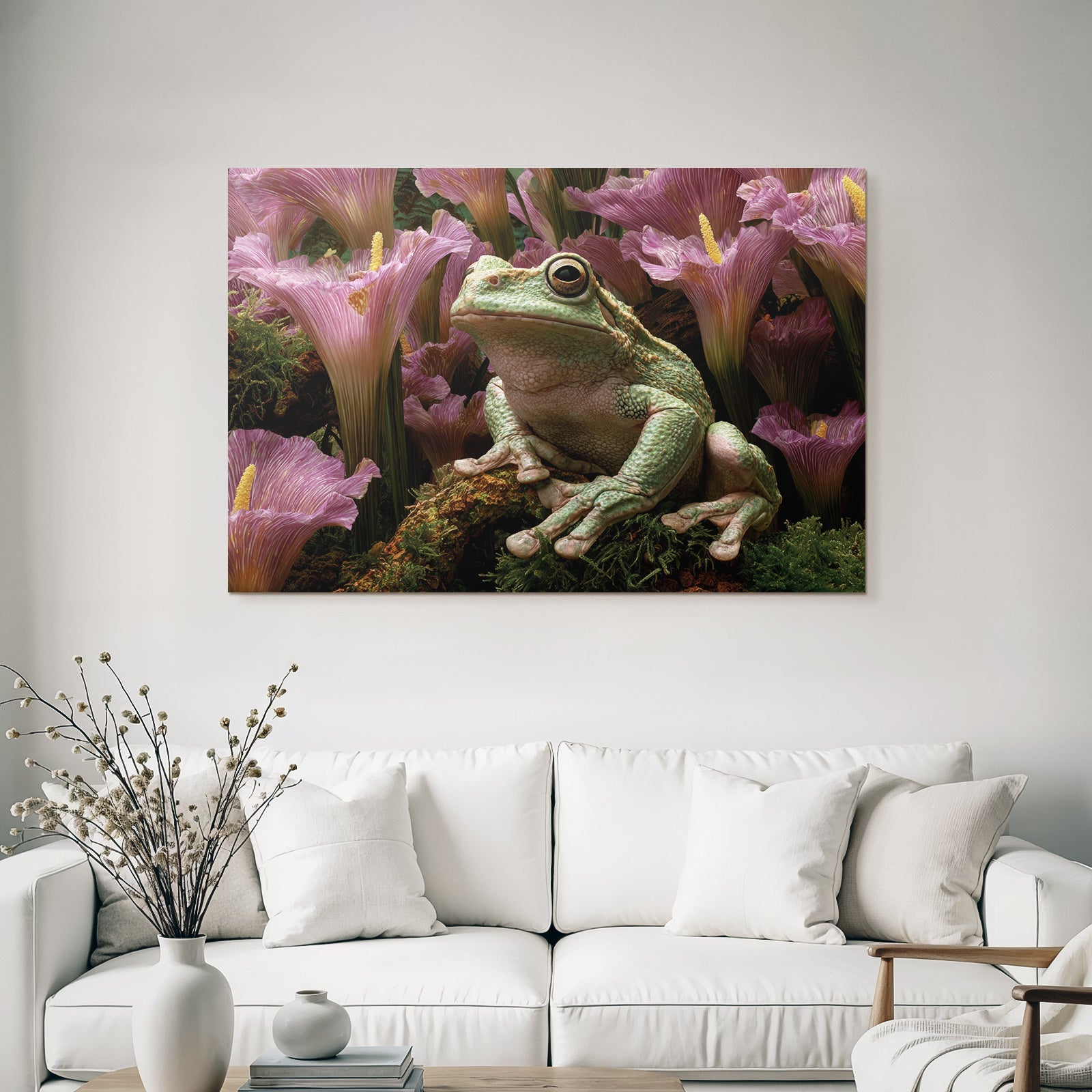 Gruner Frosch Inmitten Grösser Pinker Blumen Und Üppiger Vegetation