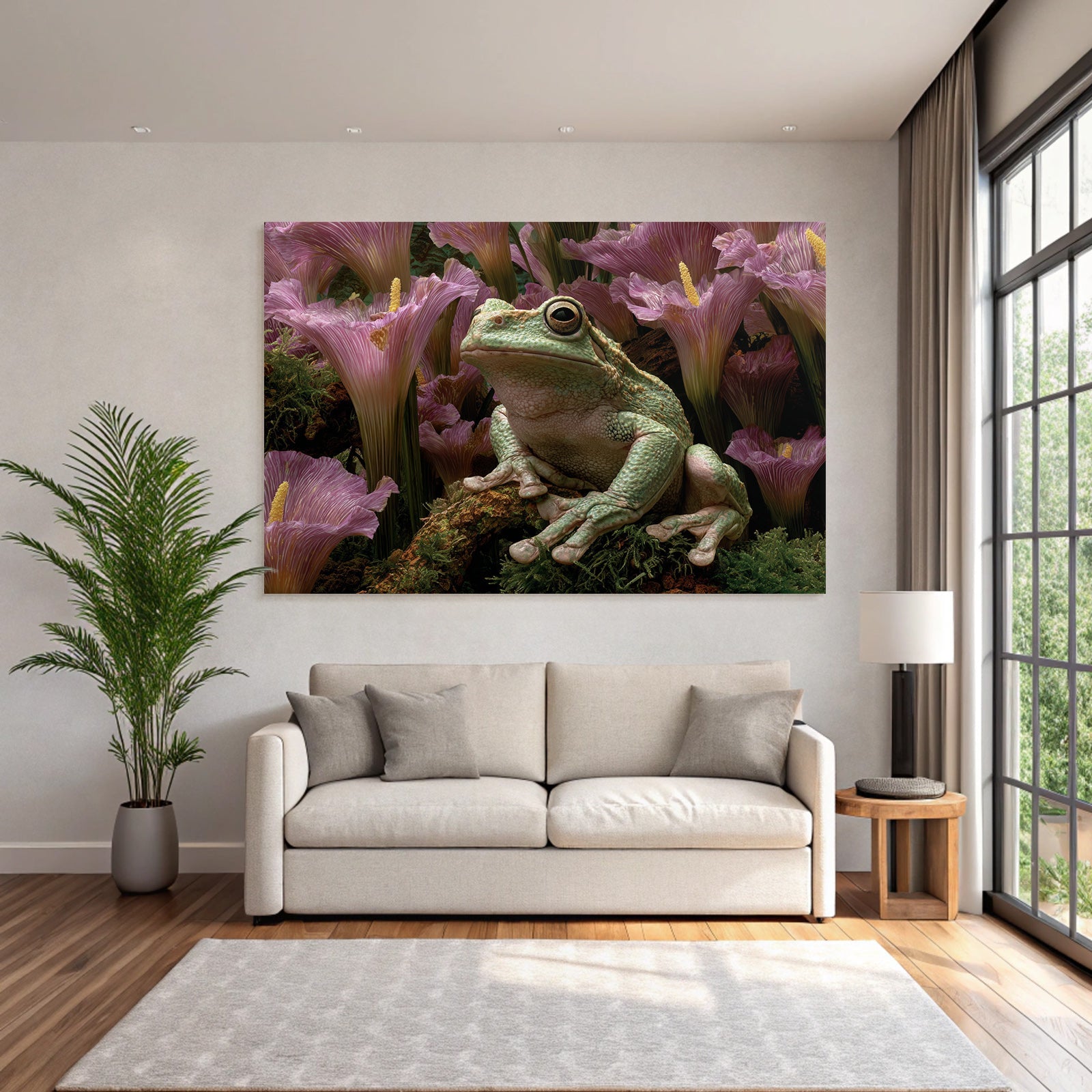 Gruner Frosch Inmitten Grösser Pinker Blumen Und Üppiger Vegetation