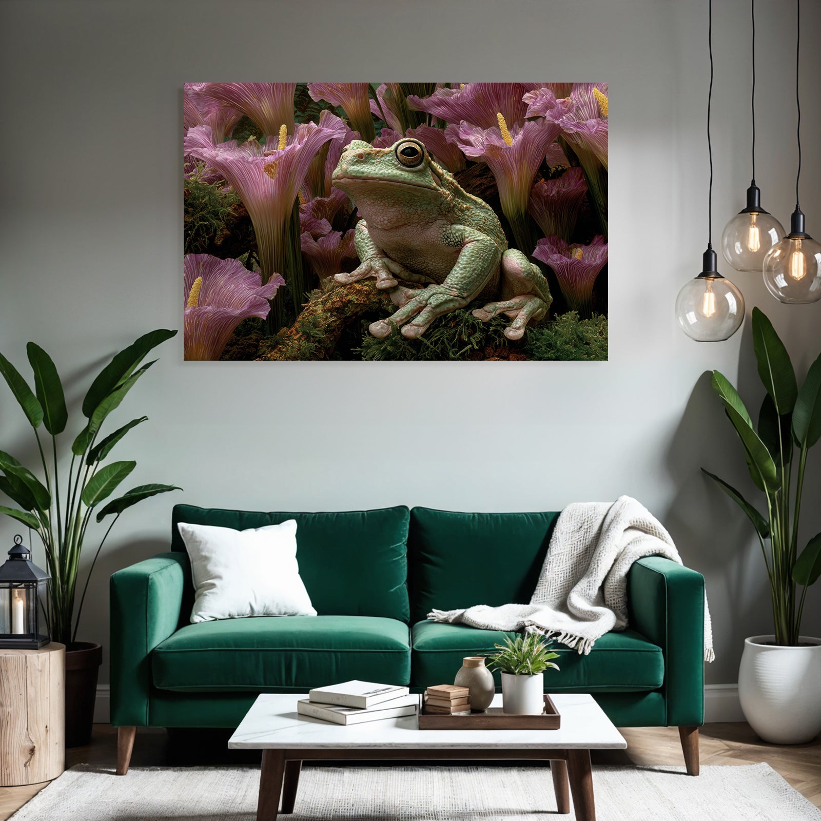 Gruner Frosch Inmitten Grösser Pinker Blumen Und Üppiger Vegetation