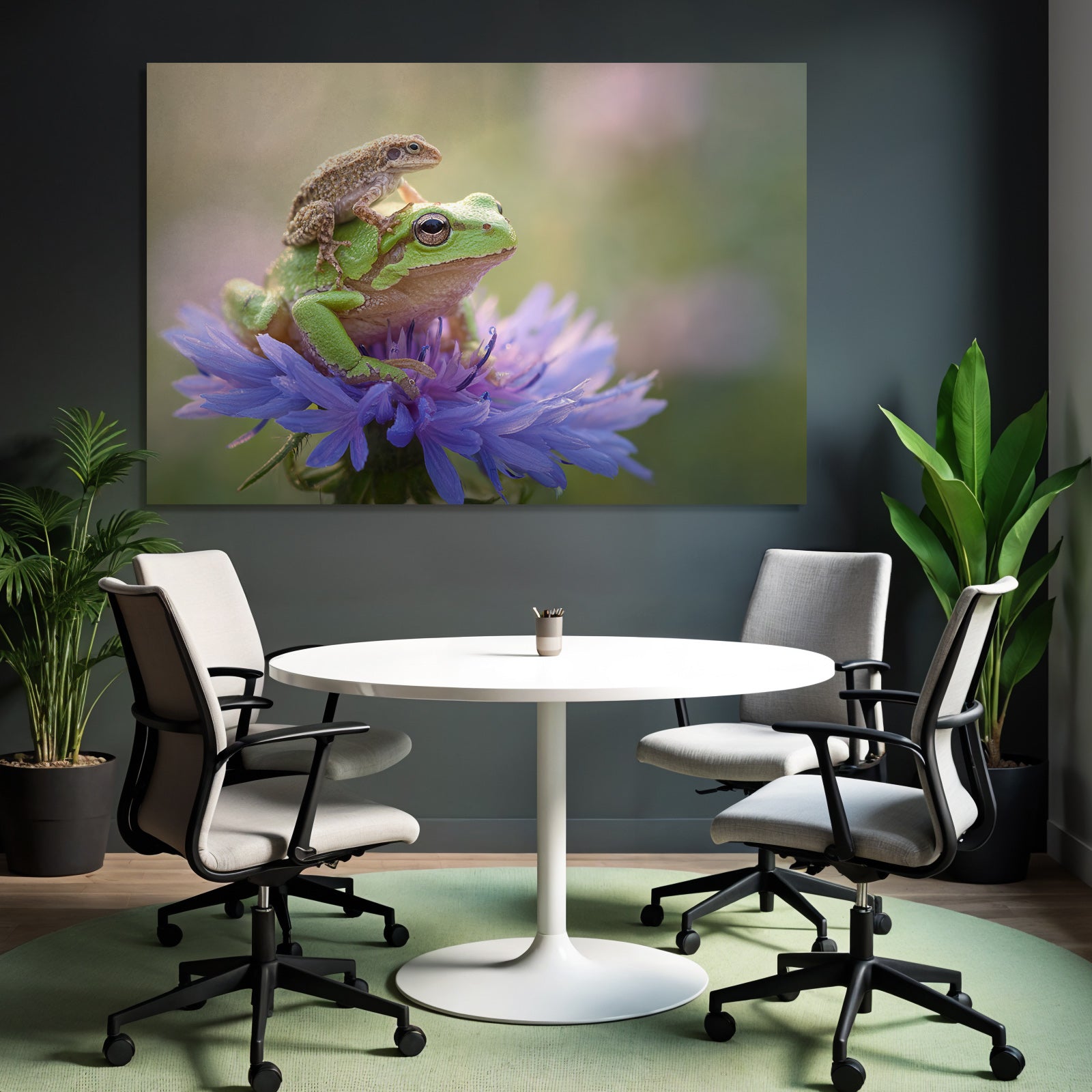 Gruner Frosch Sitzt Auf Einer Purpurnen Blume Mit Kleinem Frosch