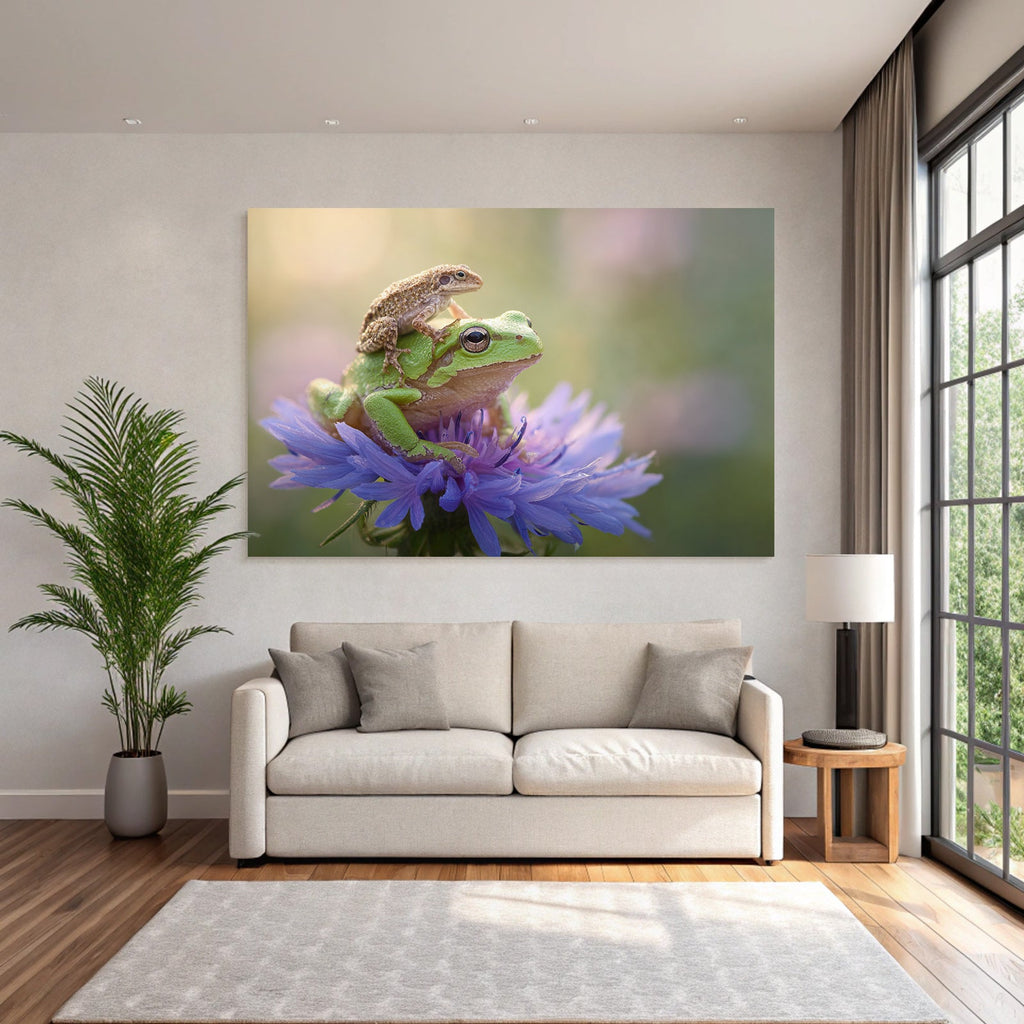 Gruner Frosch Sitzt Auf Einer Purpurnen Blume Mit Kleinem Frosch