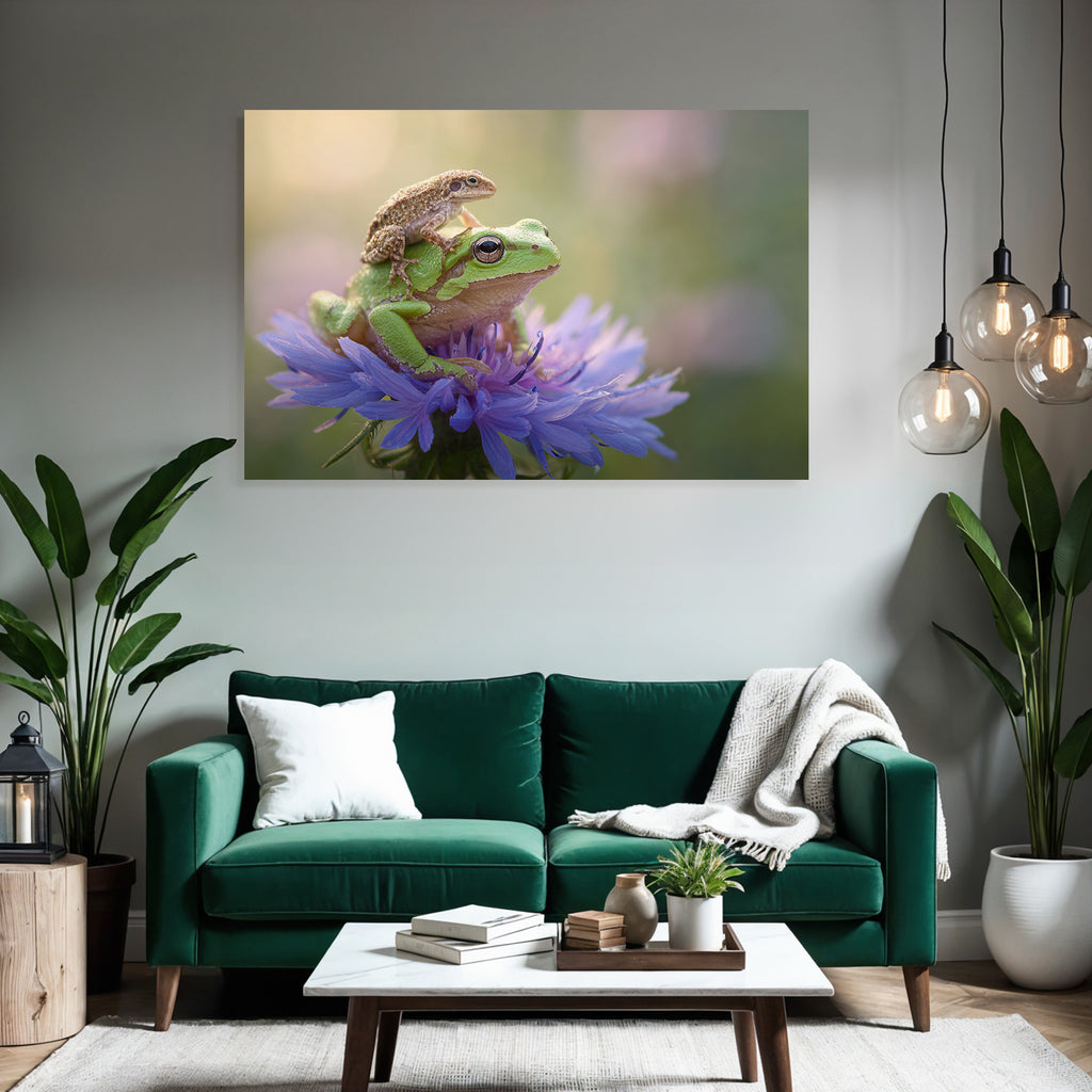 Gruner Frosch Sitzt Auf Einer Purpurnen Blume Mit Kleinem Frosch
