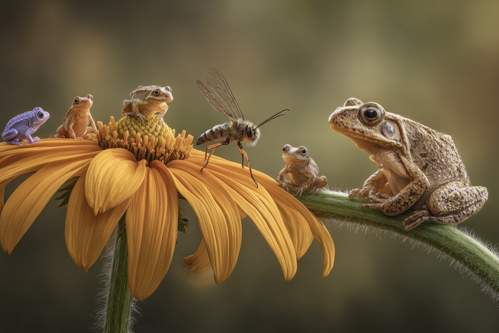 Kleine Bunte Frösche Auf Gelber Blume Mit Biene | Insekten und Amphibien | Tiere