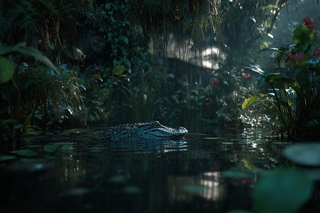 Krokodil Alligator Teilweise Im Wasser Umgeben Von Pflanzen Und Blumen | Insekten und Amphibien | Tiere