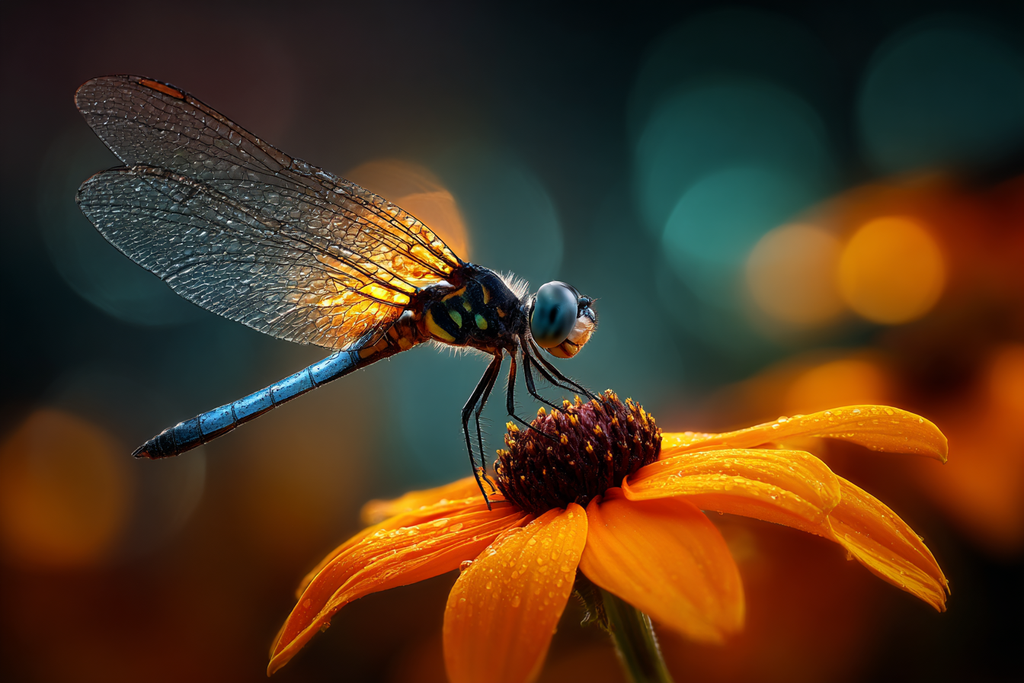 Libelle Auf Oranger Blume Transparente Flüngel Wassertropfen Bokeh | Insekten und Amphibien | Tiere