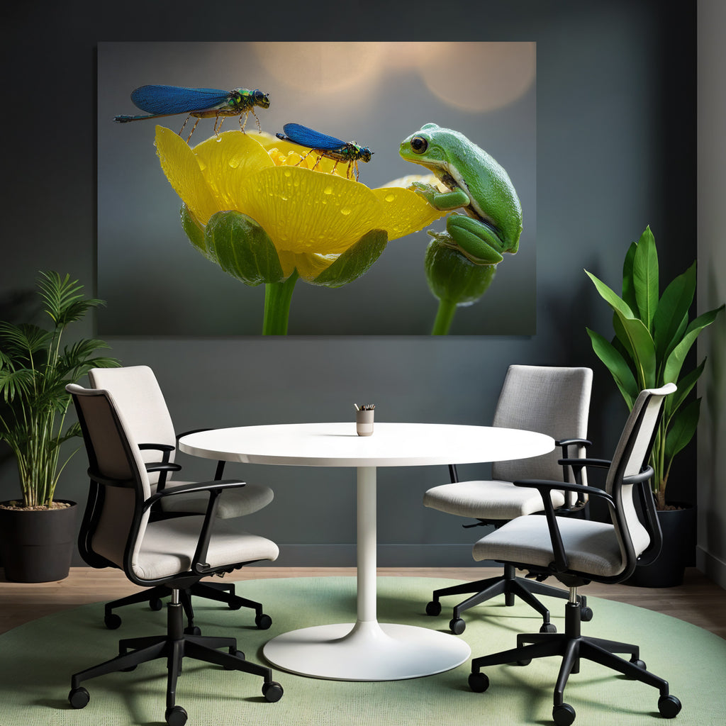 Libellen Und Grüner Frosch An Gelber Blume Mit Wassertropfen