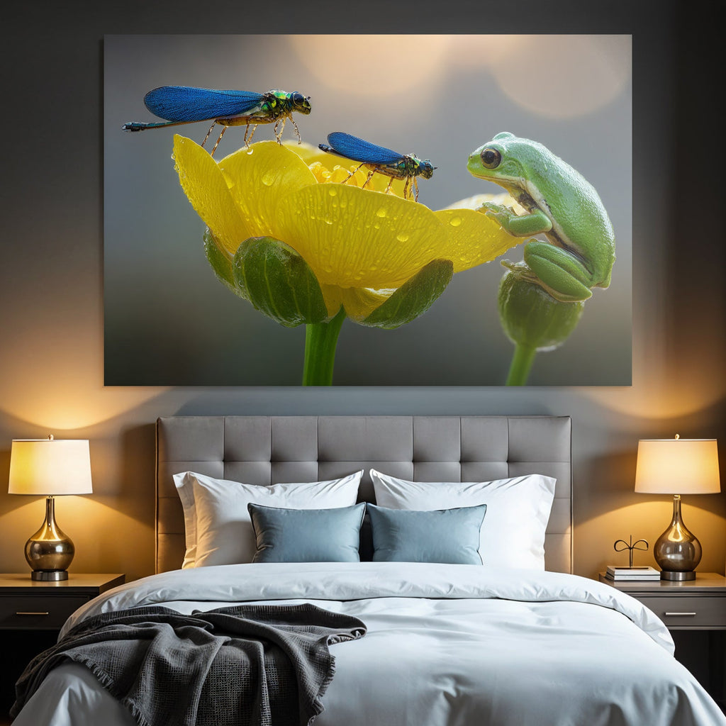 Libellen Und Grüner Frosch An Gelber Blume Mit Wassertropfen