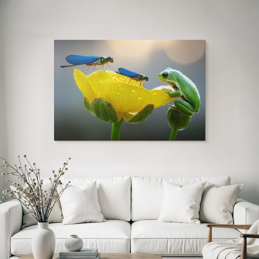 Libellen Und Grüner Frosch An Gelber Blume Mit Wassertropfen