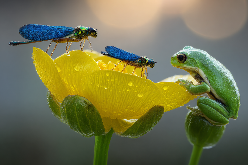 Libellen Und Grüner Frosch An Gelber Blume Mit Wassertropfen | Insekten und Amphibien | Tiere