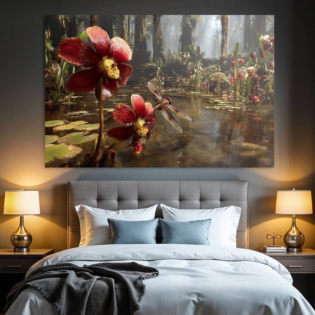 Rote Blumen Und Libelle Im Feuchtgebiet