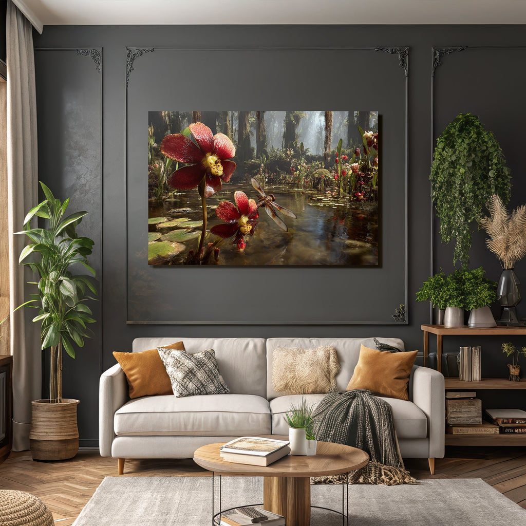 Rote Blumen Und Libelle Im Feuchtgebiet