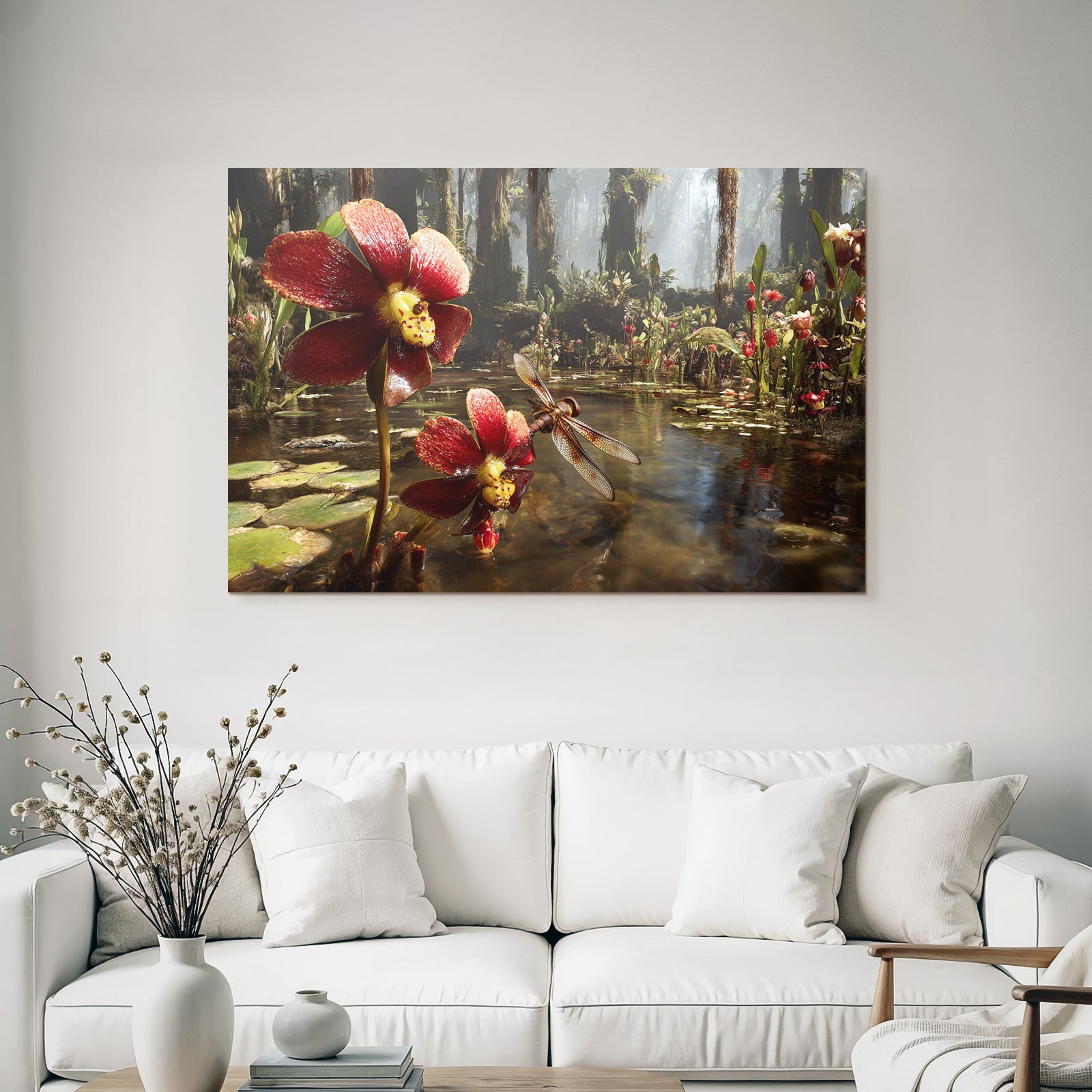 Rote Blumen Und Libelle Im Feuchtgebiet