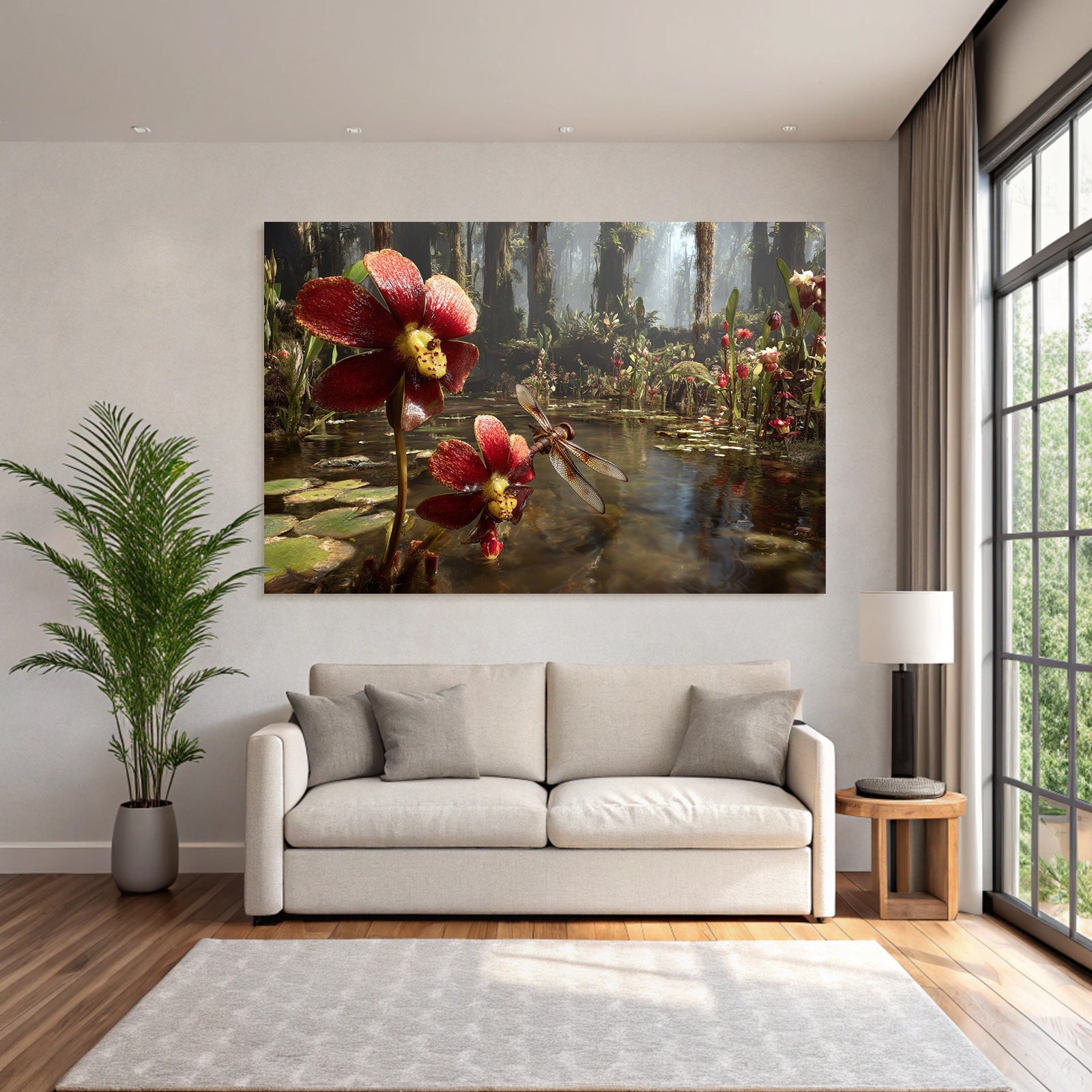 Rote Blumen Und Libelle Im Feuchtgebiet