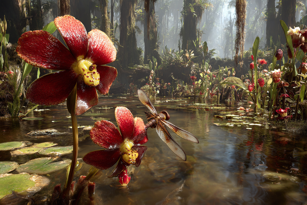 Rote Blumen Und Libelle Im Feuchtgebiet | Insekten und Amphibien | Tiere