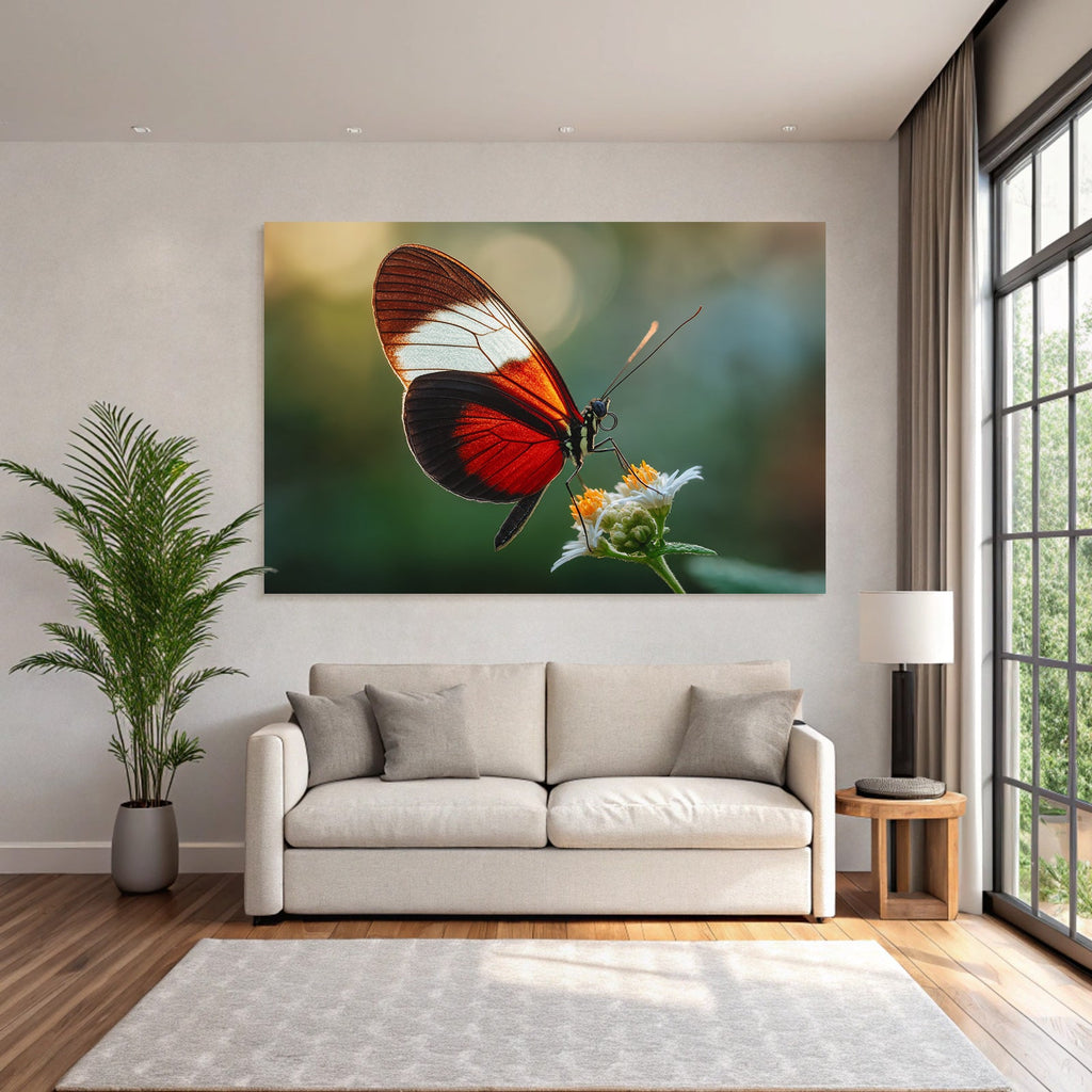 Schmetterling Auf Blume Naheaufnahme Vibrante Rot Schwarz Weiss