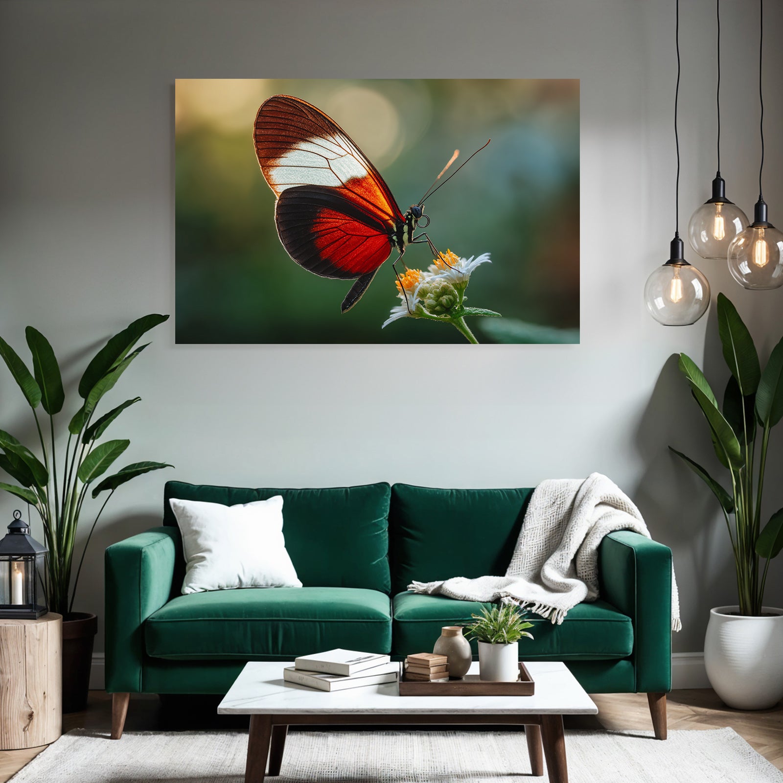 Schmetterling Auf Blume Naheaufnahme Vibrante Rot Schwarz Weiss