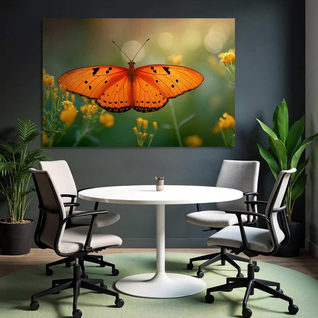 Schmetterling Leuchtend Orangene Flügel Mit Schwarzen Flecken Umgeben Von Gelben Blumen