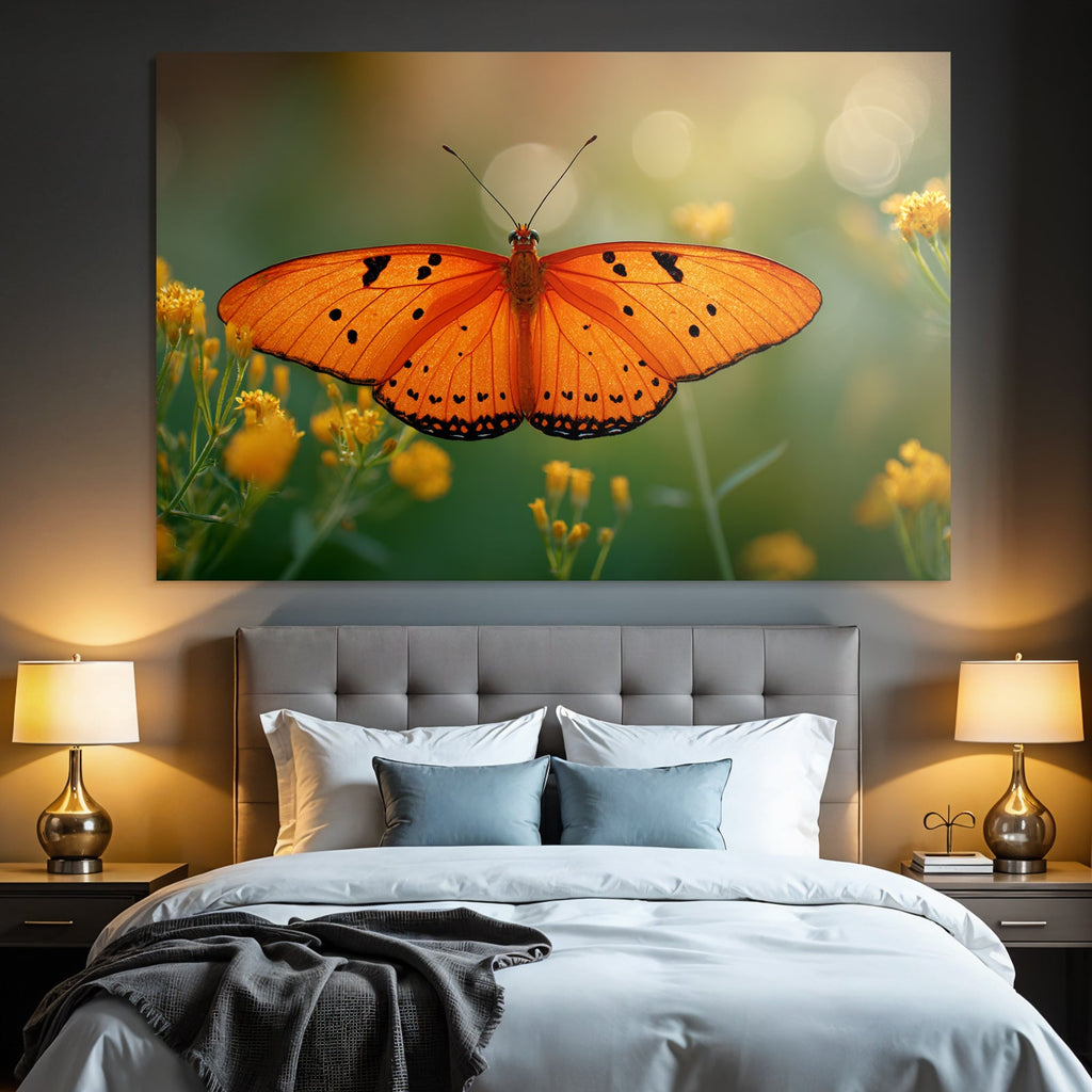 Schmetterling Leuchtend Orangene Flügel Mit Schwarzen Flecken Umgeben Von Gelben Blumen