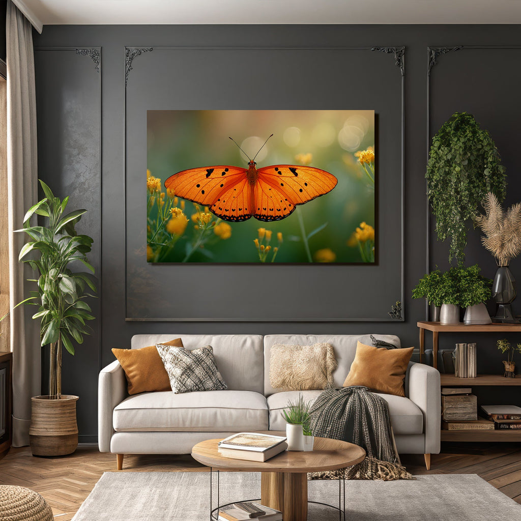 Schmetterling Leuchtend Orangene Flügel Mit Schwarzen Flecken Umgeben Von Gelben Blumen