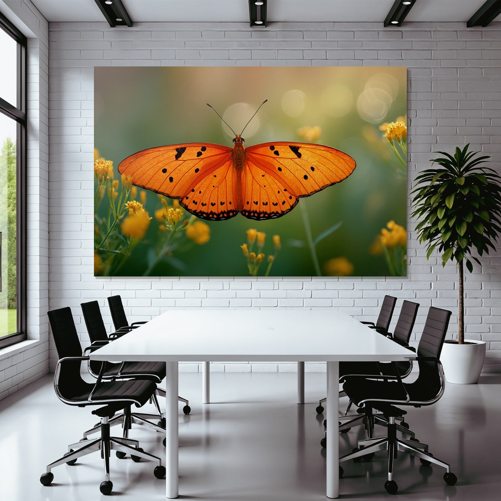 Schmetterling Leuchtend Orangene Flügel Mit Schwarzen Flecken Umgeben Von Gelben Blumen