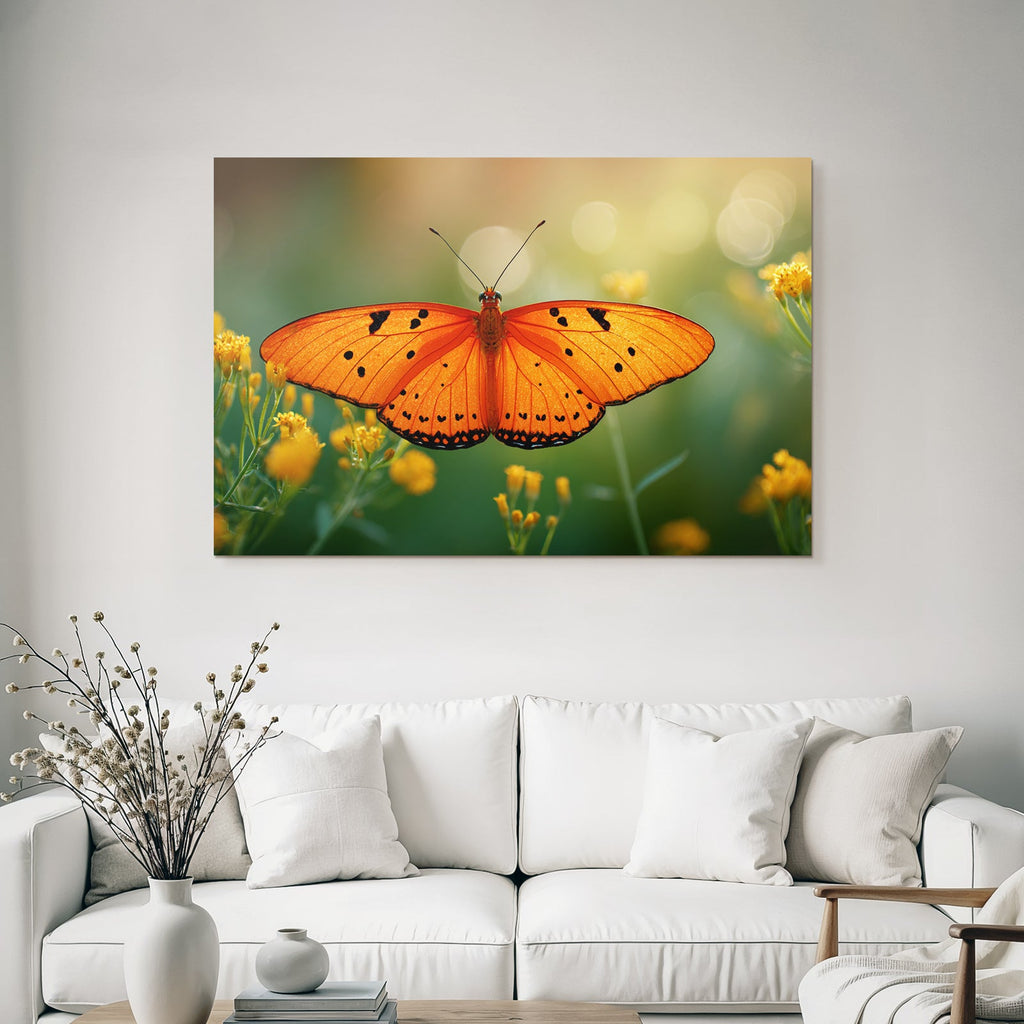 Schmetterling Leuchtend Orangene Flügel Mit Schwarzen Flecken Umgeben Von Gelben Blumen