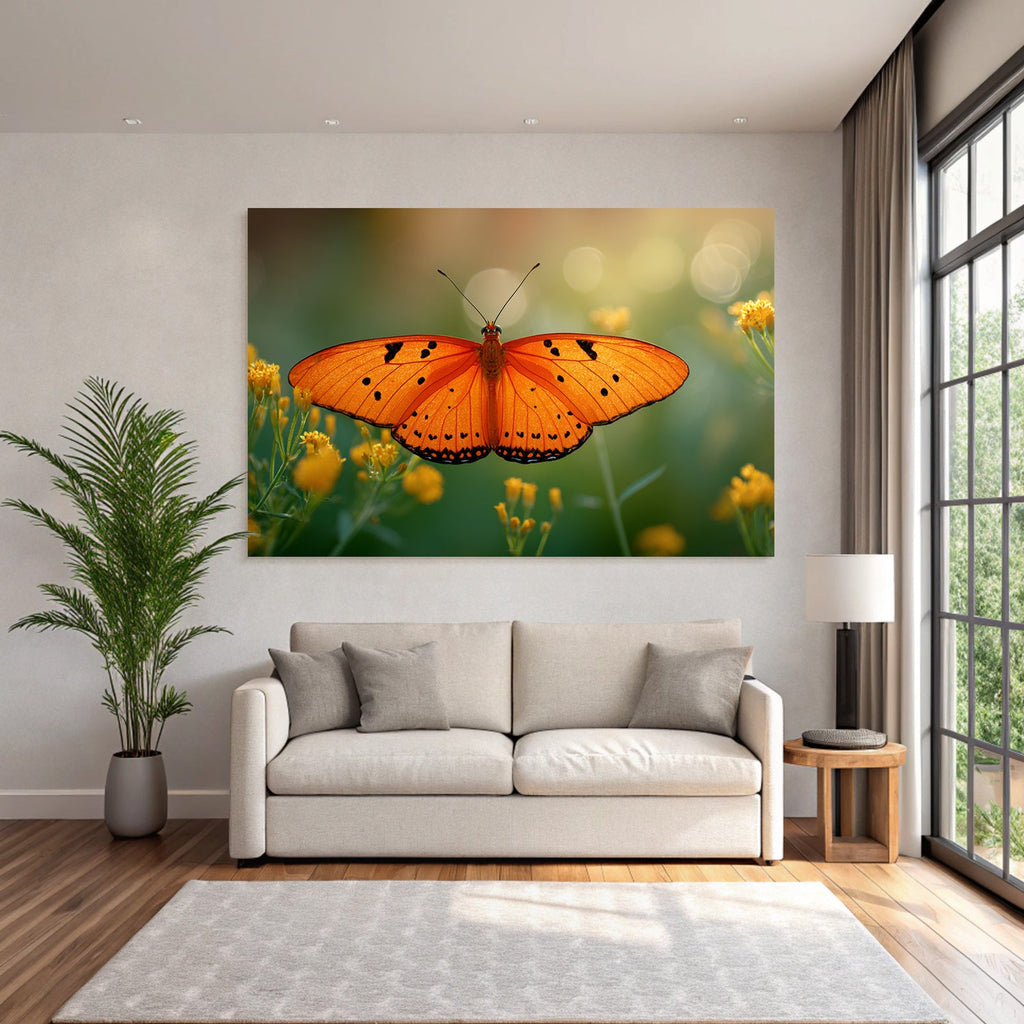 Schmetterling Leuchtend Orangene Flügel Mit Schwarzen Flecken Umgeben Von Gelben Blumen