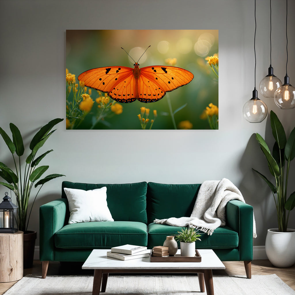 Schmetterling Leuchtend Orangene Flügel Mit Schwarzen Flecken Umgeben Von Gelben Blumen