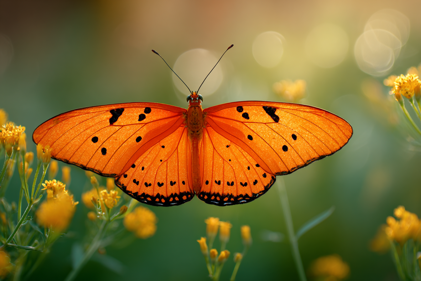 Schmetterling Leuchtend Orangene Flügel Mit Schwarzen Flecken Umgeben Von Gelben Blumen | Insekten und Amphibien | Tiere