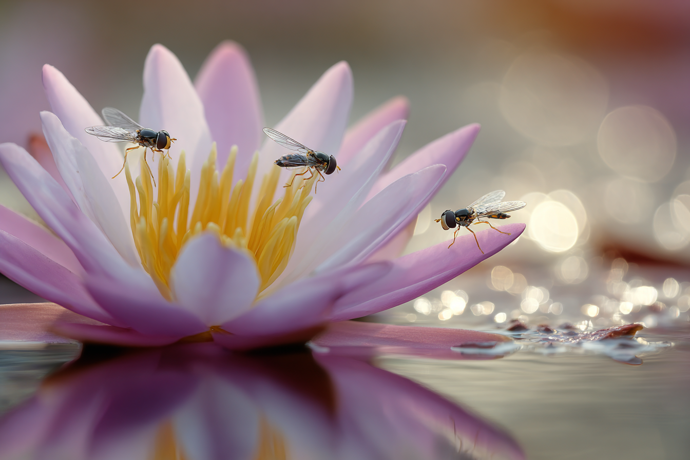 Schone Wasserlilie Mit Rosa Blüten Und Fliegen Auf Wasseroberfläche | Insekten und Amphibien | Tiere