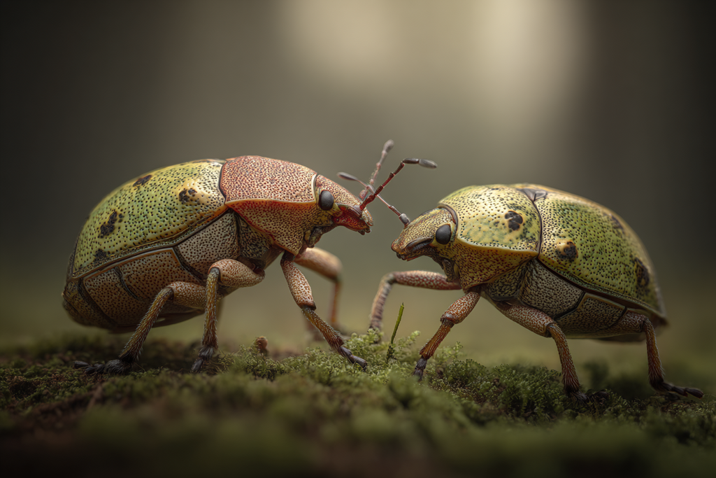 Zwei Farbenfrohe Käfer Interaktion Auf Moosigem Untergrund Jpg | Insekten und Amphibien | Tiere